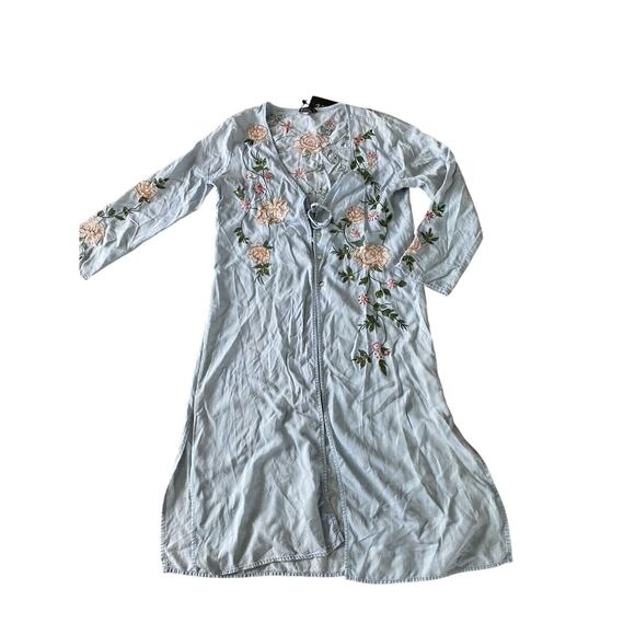 NWT BBWM Woman S Chambray L/S Embroidered Sequined Duster button/Tie Stains - Picture 1 of 14